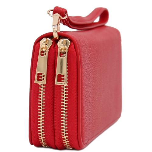 FashionPuzzle Double Zip Around PU Leather Wristlet Cell Phone Wallet - color: Red