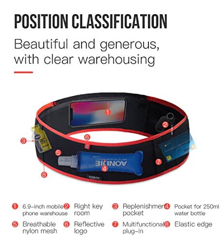 AONIJIE Running Belt Fanny Pack with 250ml Soft Water Bottle Flask for Women Men, Moisture Wicking Waist Pack Great for Marathon Climbing Jogging Cycling, for 6.8in Mobile Phone (Black Red: S/M) - color: Black Red: S/M