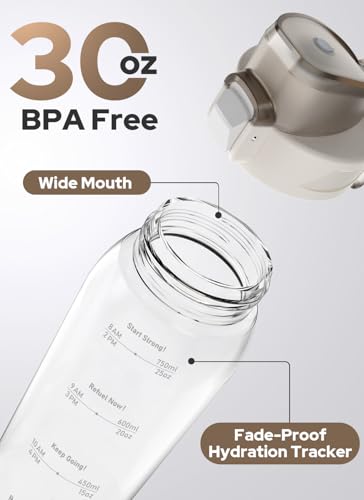 Opard Zip 30oz Plastic Water Bottle Dishwasher Safe, Leakproof Flip-Top Lid, BPA Free Tritan, Wide Mouth Reusable Sports Water Bottle for Gym Hiking Commuting Outdoor Travel and School - color: Clear Cream, style: 30 Ounces