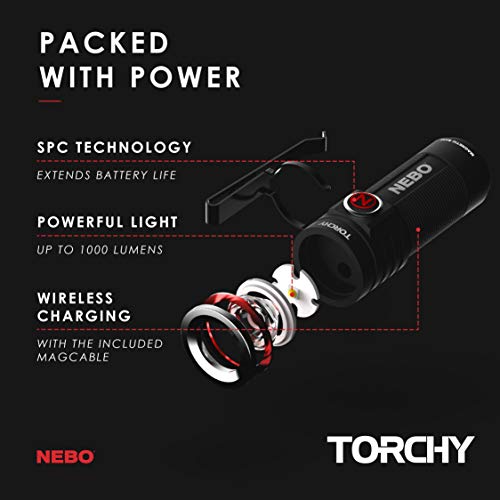 NEBO Torchy Rechargeable Pocket Flashlight | 1,000 Lumens, 5 Light Modes, Magnetic Base & Steel Clip, Water Resistant, LED Mini Flashlight for EDC & Camping, Includes Charging Cable - color: 1000 Lumen-Black