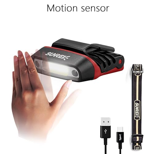 SUNREI Rechargeable Motion Sensor Clip on Hat Light with 150 Lumen & 600 mAh Headlamp, Rotatable Headlamp Flashlight for Fishing Camping Running Hand Work, Include Headband (Red) - size: H150-red