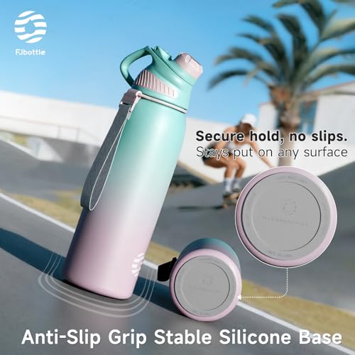 FJbottle 24oz Stainless Steel Insulated Water Bottle No Straw Spout Lid - color: Green-Pink, size: 24 Ounces