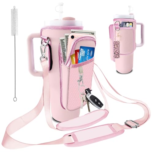 Stanley Carrier Bag for Stanley 40oz/30ozTumbler with Phone with 2 Adjustable Strap,3 Pockets Bottle Stanley Cup Carrier Bag & Case,Accessories for Hiking Travelling - color: Pink