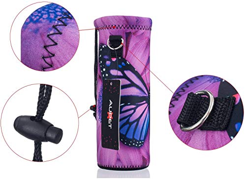 AUPET Water Bottle Sling Bag Carrier Crossbody Sleeve,Insulated Neoprene Bottle Case Holder Pouch Cover 500ML/17oz with Shoulder Strap for Walking Women Men - color: Purple Butterfly