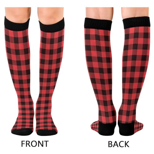 JUNZAN Buffalo Plaid Red Black Knee High Socks Compression Socks for Women Men Kid for Running Sports Nurse - color: Buffalo Plaid Red Black