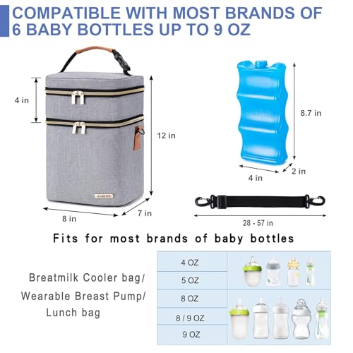 Breastmilk Cooler Bag with Ice Pack Fits 6 Baby Bottles Up to 9 Ounce, Double Deck Leak-Proof Baby Bottles Bag with Shoulder Strap for Nursing & Working Mom, - color: Grey