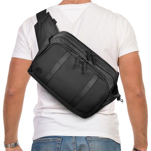 Large Crossbody Waist Bag Tactical Fanny Pack for Men Hip Bum Bag with Water Bottle Holder Adjustable Belt, Workout Traveling Casual Running Hiking Cycling - color: Black