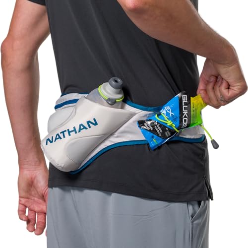 Nathan Peak Running Hydration Waist Pack Belt w/ Speed Draw Flask Water Bottle, 18oz/535 ml Push/Pull Race Cap, Expandable Zippered Stretch Pocket - color: Vapor Grey