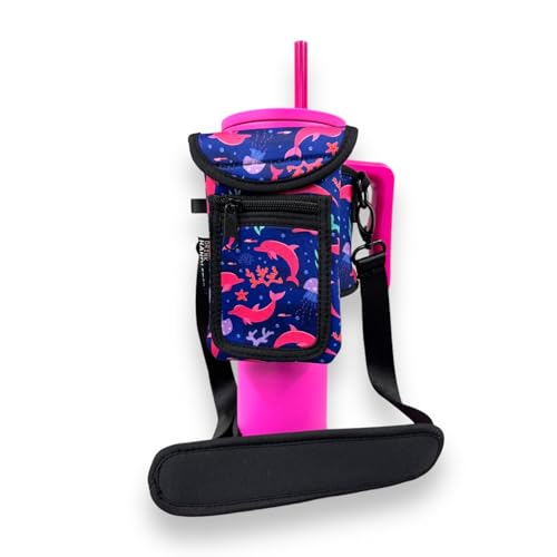 Drink Handlers Drink Carrier with Pocket Purse - Versatile Water Bottle Holder with Strap -Velcro Strap Fits Around 30-40oz Tumblers - Dolphins - color: Dolphins
