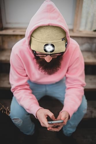 ATNKE LED Lighted Bluetooth Beanie Hat,USB Rechargeable 4 LED Wireless Music Running Headlamp Cap Gift for Men and Women - color: #Beige