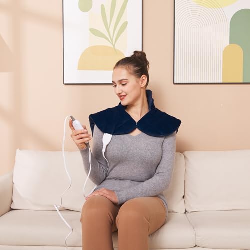 Ruqiji 19" x 24" Weighted Neck&Shoulder Heating Pad, 2.5lbs with 12 Temperature Settings&Countdown Timer,Pain Relief for Neck/Shoulders/Menstrual Pain(Navy Blue) - color: 02-navy Blue