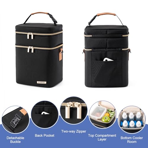 Breastmilk Cooler Bag with Ice Pack Fits 6 Baby Bottles Up to 9 Ounce, Double Deck Leak-Proof Baby Bottles Bag with Shoulder Strap for Nursing & Working Mom, - color: Black