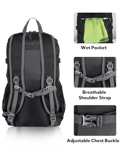 WATERFLY Lightweight Packable Hiking Backpack, 30L Day Pack - color: Blue & Black
