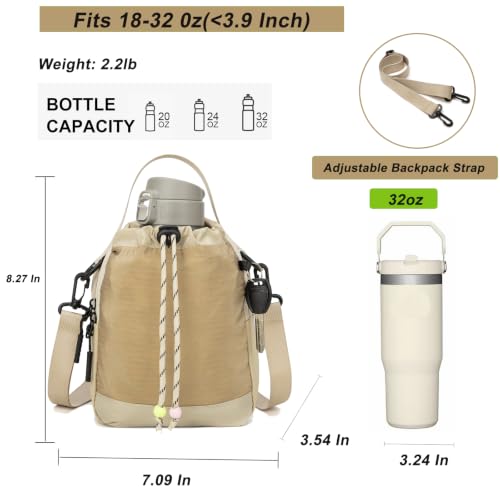 Water Bottle Carrier Bag with Strap, Water Bottle Holder Crossbody Backpack Handbags for Women Men for Hiking - color: Khaki