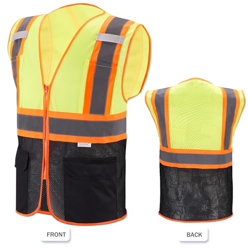 High Visibility Reflective Safety Vest with Zipper and Pockets (Yellow & Black),Medium - color: Yellow/Black, size: Medium