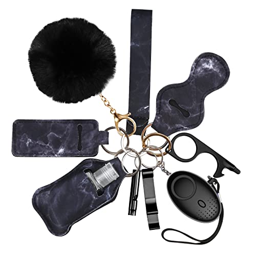 AMIR Safety Keychain Set for Women and Kids, 10 Pcs Safety Keychain Accessories with Sound Personal Alarm, Whistle and Pom - color: Black