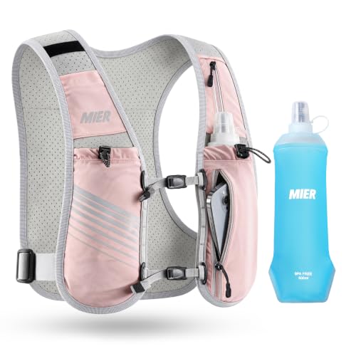 MIER Running Hydration Vest for Women Men, 500ml Soft Flask & Phone Holder - color: Pink, size: Medium-Large