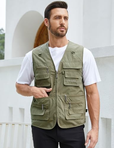 Gihuo Men's Fishing Vest Utility Safari Travel Vests with Multi Pockets - color: Army Green, size: 3X-Large