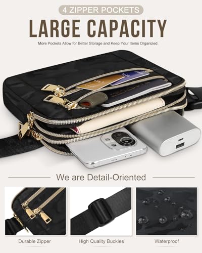 Capolo Fanny Packs for Women 4 Zip Pocket Crossbody Belt Bag Waist Bags - color: Black Camo, size: Large