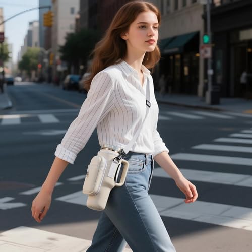 Water Bottle Carrier Bag Holder with Phone Pocket Adjustable Strap for Stanley 30 40oz, Insulated Neoprene Cover Sleeve Sling Crossbody Bag for Walking Camping Hiking Travelling - color: White-1