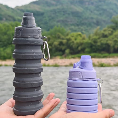 Collapsible Water Bottles Travel water bottle Sports Portable Sport Water Bottle Reusable Water Bottles comes with mountaineering Buckle 500ml silicone Water-proof camping water bottle - color: Purple+Grey, style: 2 pack