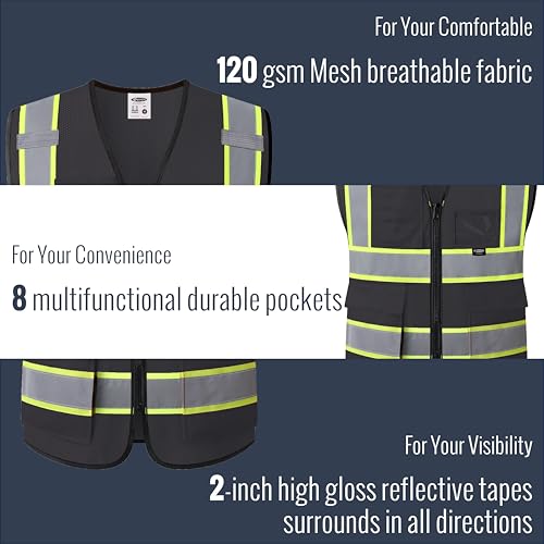 JKSafety Safety Vest for men women Hi Vis Vest with Pockets and Zipper High Visibility Reflective Vests BX320 - color: Black, size: Medium