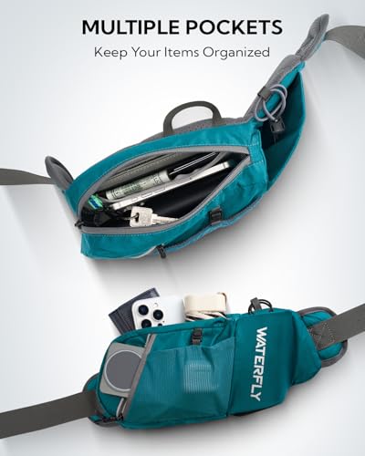 WATERFLY Water Bottle Fanny Pack, Hiking Hydration Belt for Women Men - color: Cyan