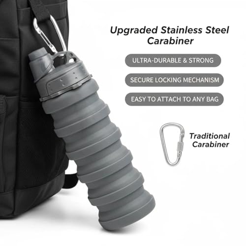 Collapsible Water Bottles Travel water bottle Sports Portable Sport Water Bottle Reusable Water Bottles comes with mountaineering Buckle 500ml silicone Water-proof camping water bottle - color: Purple+Grey, style: 2 pack
