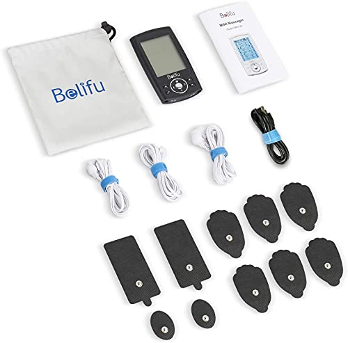 Belifu Dual Channel TENS EMS Unit 24 Modes Muscle Stimulator for Pain Relief Therapy, Electronic Pulse Massager Muscle Massager with 10 Pads, Dust-Proof Drawstring Storage Bag, Fastening Cable Ties - color: Black