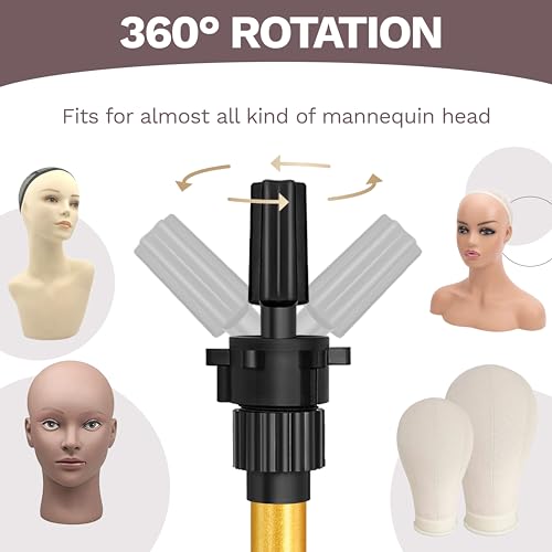 ZQIAN BEAUTY Wig Stand Tripod 50 Inch Metal Wig Mannequin Head Tripod Stand For Hairdressing Training Head Adjustable Wig Tripod Stand with Tool Tray (Golden, Mannequin Head Not Included) - color: Golden, size: 50 Inch