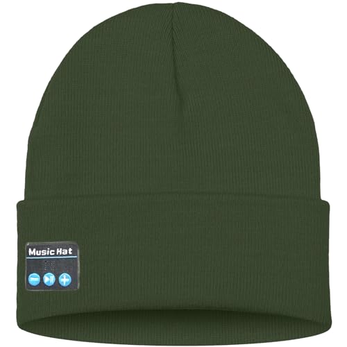 ATNKE LED Lighted Bluetooth Beanie Hat,USB Rechargeable 4 LED Wireless Music Running Headlamp Cap Gift for Men and Women - color: #Dark Army Green