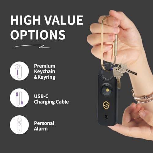 Personal Alarm for Women, Men, Kids, Elderly, Self Defense - Designed by Women 140DB Extra Speakers Alarm with Strobe Light, Rechargeable, Safety Alarms and Premium Keychain (Carbon Black) - color: Black