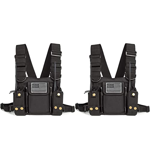 Radio Shoulder Holster Chest Harness Holder Vest Rig for Two Way Radio Chest Front Pack Pouch Walkie Talkie Case with Front Pouches for Kenwood Arcshell Retevis Baofeng UV-5R F8HP UV-82 888S (2Pack) - color: black 2pack