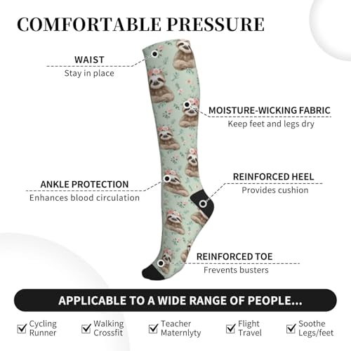 Cute Compression Socks Knee High Support Stockings Women Men - color: Cute Sloth Flower