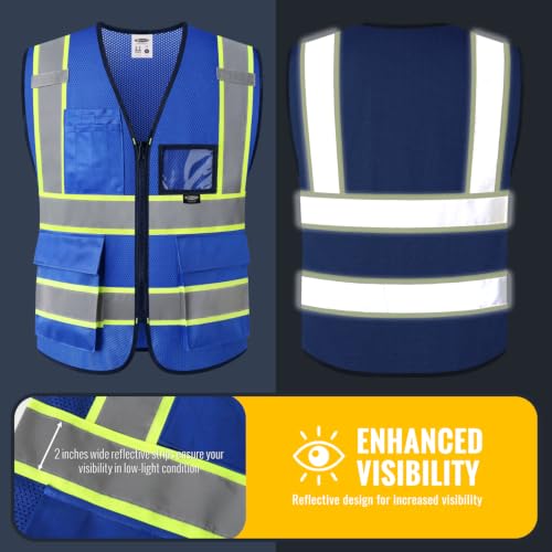 JKSafety Safety Vest for men women Hi Vis Vest with Pockets and Zipper High Visibility Reflective Vests BX320 - color: Blue, size: Small