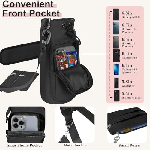 Insulated Water Bottle Carrier with Adjustable Strap - 25/32/40 oz Water Bottle Crossbody Bag with Small Purse for Hiking, Gym, Travel - color: Black