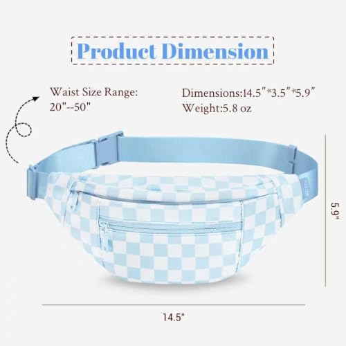 Blue Checkered Fanny Pack for Women Men Waist Bag with Adjustable Strap - color: Checkered-Light Blue, size: Large
