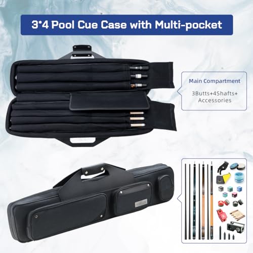 KONLLEN Pool Cue Case 3x4 Oxford Pool Stick Case Holds 3 Butts and 4 Shafts Billiard Sitck Large Capacity Carrying Cases with Multi-Pocket Pool Cue Accessories - color: Upgrade 3x4Case-Blue