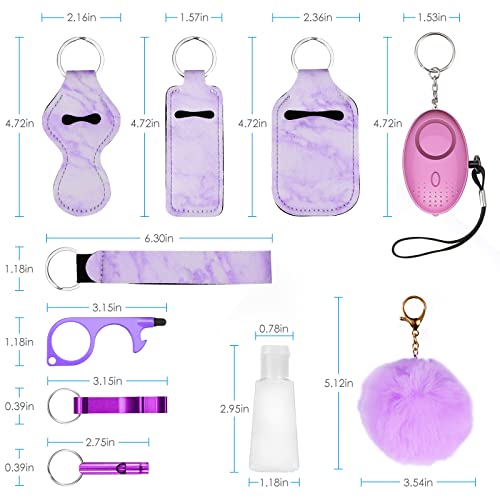 AMIR Safety Keychain Set for Women and Kids, 10 Pcs Safety Keychain Accessories with Sound Personal Alarm, Whistle and Pom - color: Purple