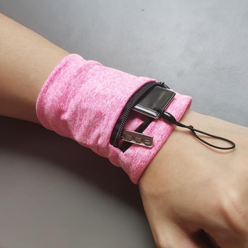 Unisex Zipper Wrist Wallet, Stretch Spandex Wristband Pouch Sweatband, Portable Wrist Purse for Running Jogging Hiking Gym Fitness Travel, Holds Keys Cash Small Items - color: Pink