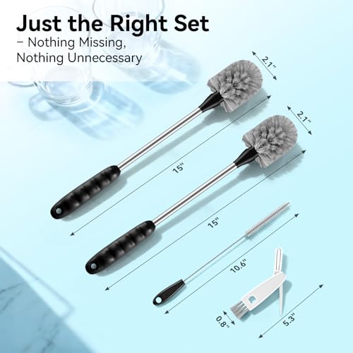 SLUXKE Bottle Brush Set with Straw Cleaner Brush and 3 in 1 Cup Lid Cleaning Brush, Bottle Brush Cleaner with Long Handle for Cleaning Cup, Water Bottles, Tumblers, Baby Bottles - color: Gray