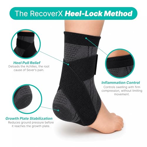 RecoverX Youth Heel & Ankle Sleeve for Kids, Sever's Disease, Heel Pain Relief & Growth Plate Support, Compression Brace for Soccer, Basketball & Running - Black (Medium) - 1 Sleeve - size: Medium