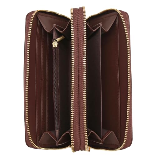 FashionPuzzle Double Zip Around PU Leather Wristlet Cell Phone Wallet - color: Coffee
