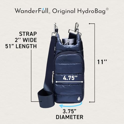 WanderFull Original HydroBag Crossbody Water Bottle Holder with Phone Pocket, Fits Water Bottles up to 32 oz - color: Navy Blue Shiny