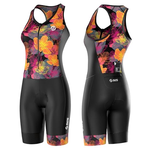 SLS3 Triathlon Suits Women - Sleeveless Pro Trisuit with Comfy Tri Chamois - color: Black/Sunrise Blooms, size: X-Small