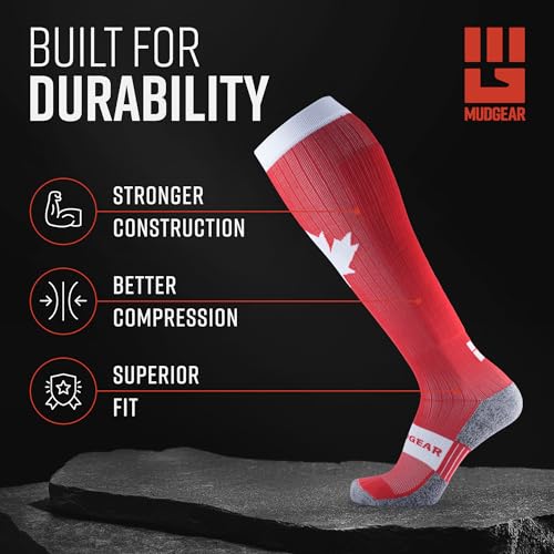 MudGear Graduated Compression Socks, Durable, Sweat-Resistant OCR Performance Socks with Cushioned Footbed, Made in USA - color: Can Red/White, size: Medium