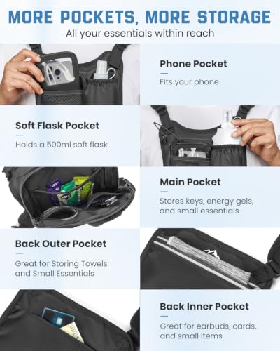 Zelvot Running Vest with 500ml Soft Flask, Chest Pack with Phone Pouch - color: Black
