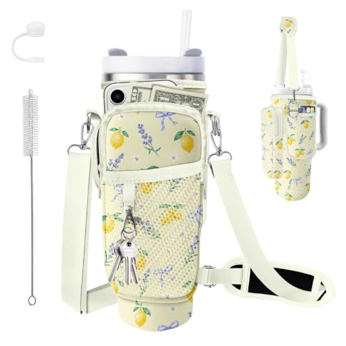 Water Bottle Carrier Bag for Stanley Cup 40oz/30oz with Phone Pocket, Neoprene Water Bottle Holder with Adjustable Shoulder & Handle Strap, Stanley Cup Accessories for Walking Travel Gym - color: Lemon