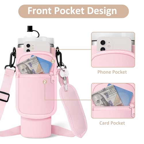AceTreker Water Bottle Carrier Bag with Strap for Stanley 40/30 oz Tumbler Neoprene Insulated Cup Holder Sleeve with Phone Pocket & Straw Cover for Stanley Cup Accessories - color: 01-Classic Light Pink, style: 40 Oz