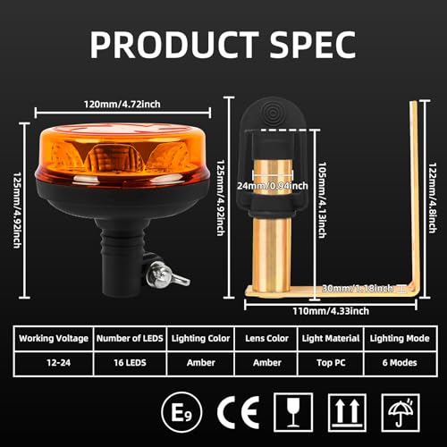 Amber LED Rotating Beacon Light, Flashing Warning Lights 12-24V - size: Beacon Lights+U Shape